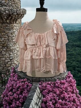 Francesca's Pink Satin Ruffle Blouse